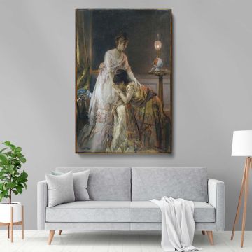 Romantic fine art painting on canvas, depicting an emotional and delicate scene of two women after a grand ball, printed with vibrant colors and a premium finish, ideal for collectors of 19th-century art and elegant home decor.