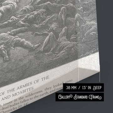 A haunting battlefield fills this monochrome canvas based on Dore's "The Ammonite and Moabite Armies Are Destroyed." Wreckage, corpses, and destroyed chariots line the scene while a ghostly sky stretches above. The city on the hill feels distant and quiet