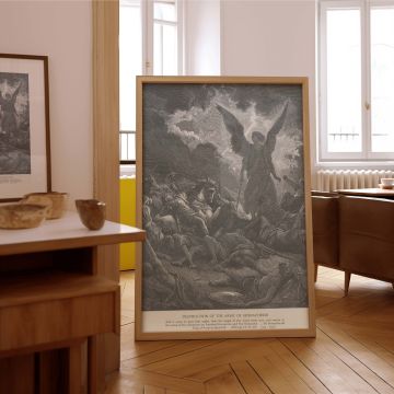 This canvas showcases the biblical scene of divine judgment as portrayed by Gustave Dore, where the angel destroys Sennacherib's army in one sweeping act. Soldiers lie strewn across the battlefield beneath a radiant figure. With bold contrasts and sacred 