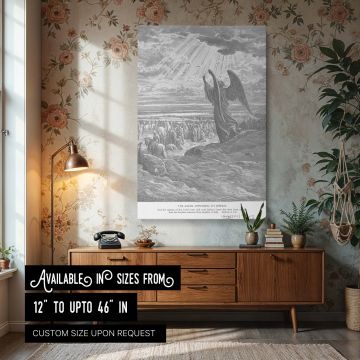 Divine messenger captured in black and white by Gustave Dore, with flowing garments and light-filled clouds shining above a crowd of followers, now printed on canvas for elegant and impactful religious interior wall art.