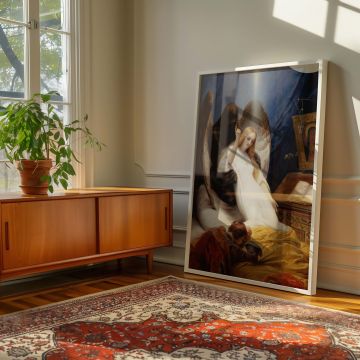 An emotional masterpiece by Emil-Jean-Horace Vernet presented as a canvas wall print, showing an angel embracing the soul in a holy glow while the loved one mourns at the bedside, filled with spiritual iconography and painted in a soft yet dramatic palett