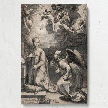 Artistic wall canvas of The Annunciation to the Virgin by Hendrik Goltzius showing Mary receiving Gabriel's divine message in a radiant scene with cherubs and intricate engraving details, perfect for timeless religious and spiritual wall decoration.