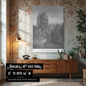 Canvas wall art depicting Peter boldly preaching the gospel to the crowd as other apostles look on, from Gustave Dore's engraved Bible series, capturing the dramatic and spiritual moment of proclamation and response ideal for Christian ministry and sacred