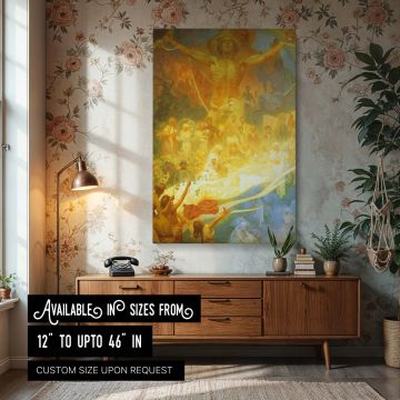 A luminous canvas wall print of Alphonse Mucha's "The Apotheosis of the Slavs," featuring a central radiant figure with outstretched arms surrounded by historic Slavic individuals. Golden and amber tones fill the composition, emphasizing the warmth and un