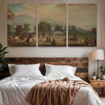 Archery Meeting in Bradgate Park — three-panel canvas above a bed