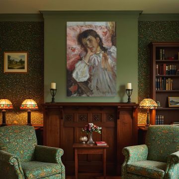 Canvas wall art of Tired (Artist's Daughter) by William Merritt Chase featuring his daughter in repose, her head supported by her hand and framed by rosy pillows. Her gown, painted in delicate white and gold tones, and her serene expression draw attention