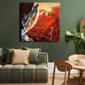 Astronauts walking on Mars during a dust storm (1989) illustrated by NASA/Paul DiMare — alternate room view