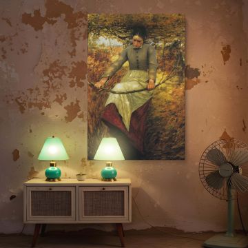 Country-inspired canvas wall print based on An Autumn Morning by Henry Herbert La Thangue, capturing a moment of stillness in nature. A solitary figure, seated on a handmade swing strung from tree branches, contemplates in silence amid a blanket of fallen