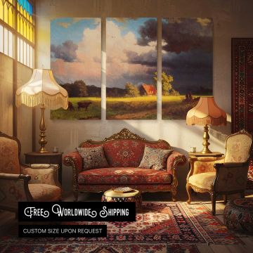 Bavarian Landscape by Albert Bierstadt - multi-panel canvas displayed in a classic lounge