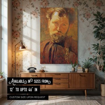 A striking wall canvas print of Alphonse Mucha's self-portrait, featuring the artist with a full beard and a solemn expression. The composition uses rich earth tones, golden highlights, and expressive brushwork to convey emotional depth. The background gl