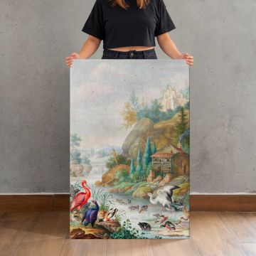 Birds near a Mountain Stream by Herman Henstenburgh (c.1683-c.1726) canvas print, canvas shown with a person for scale