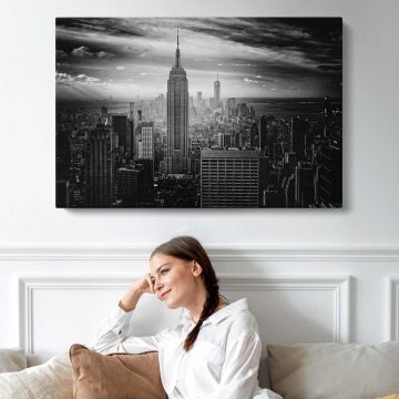 Black and white photo of the Empire State Building and downtown New York City canvas print, interior display view