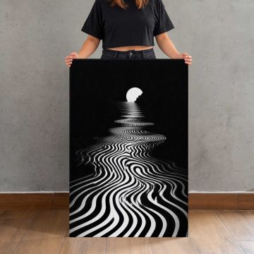 Black and White Wavy Stripes with a Glowing Moon canvas print, canvas shown with a person for scale