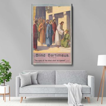 Vintage framed Christian artwork of Jesus healing Blind Bartimeus, a powerful representation of biblical miracles printed on high-quality canvas, an ideal addition to church walls, religious offices, or homes that celebrate faith and devotion.