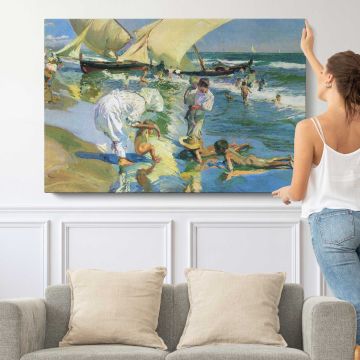 Boating on a Summer River - single-panel canvas shown with a person for scale