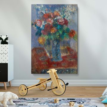 Impressionist floral painting canvas print by Camille Pissarro, showcasing a delicate bouquet of flowers in a blue vase, professionally reproduced on premium canvas, perfect for classic home interiors, office walls, or elegant living room decor.