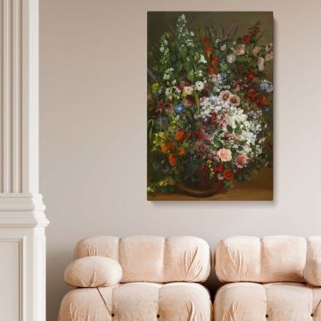 Floral still life painting by Gustave Courbet, bouquet of colorful flowers in a vase, vintage botanical canvas print, classic French art reproduction, timeless wall decor for home, office, bedroom, or gallery, elegant fine art print for collectors