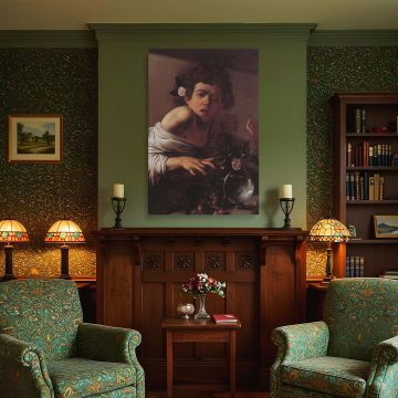 Museum-quality canvas wall art of Caravaggio's expressive portrait of a boy reacting to a lizard bite, rendered with masterful light and shadow to show raw human emotion and symbolic themes of danger within beauty in baroque still life canvas wall art.