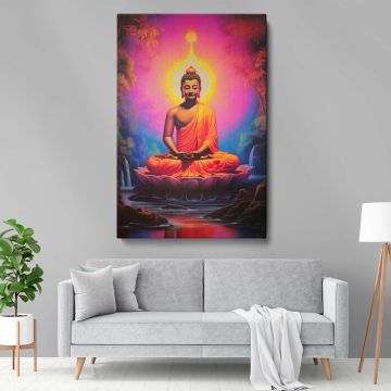 Calming depiction of Siddhartha Gautama meditating on a lotus, surrounded by a glowing aura and vibrant natural elements, including waterfalls and greenery, an inspiring and serene Buddhist artwork for spiritual spaces or home decor.