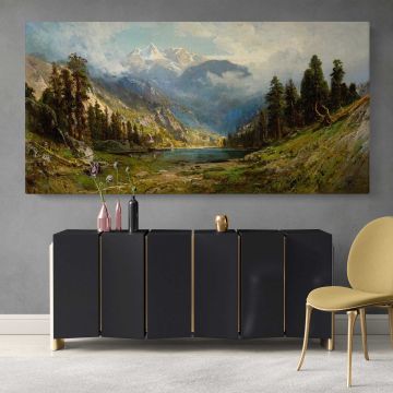 California Pines by William Keith — single-panel canvas above a sideboard