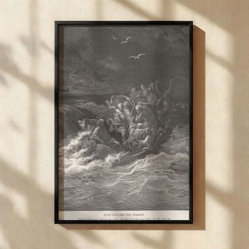 This canvas wall art features Jesus rising in a storm-tossed boat as waves crash and disciples panic, captured in Gustave Dore's engraving of the miracle at sea, making it perfect for spaces reflecting peace, faith, and gospel-based decor.