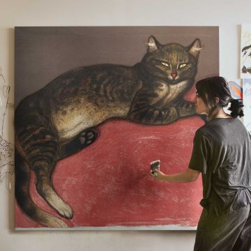Cat on a Cushion Winter Chromolithograph — room mockup view 3