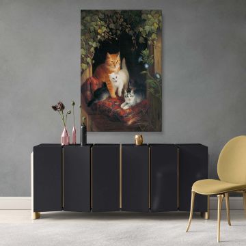 Elegant pet lovers canvas print featuring a nurturing mother cat with her kittens in a lush outdoor setting, a beautifully detailed and heartwarming historical animal painting ideal for cat enthusiasts and fine art collectors.