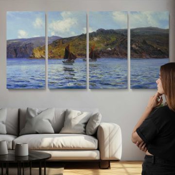 Catspaws off the Land by Henry Moore — three-panel canvas above a sofa