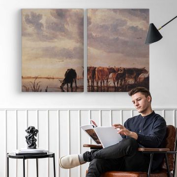 Cattle by the River by Aelbert Cuyp - two-panel canvas displayed in a reading room