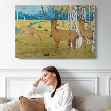 Cerfs from L'animal Dans La Décoration Illustrated by Maurice Pillard Verneuil - single-panel canvas displayed above a sofa