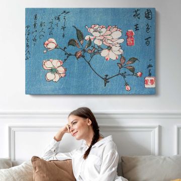 Cherry Blossoms Woodblock Print by Utagawa Hiroshige - single-panel canvas displayed above a sofa
