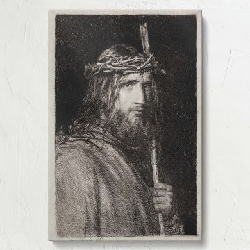 Biblical-themed framed canvas print of Christ Crowned with Thorns, a dramatic and spiritual Christian etching by Carl Bloch, a meaningful faith-based artwork perfect for religious home decor, church walls, or sacred interior spaces.