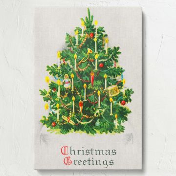Classic Christmas Greetings framed canvas print, featuring a beautifully decorated Christmas tree from a 1921 holiday card, a charming vintage holiday artwork for living rooms, fireplaces, entryways, and nostalgic Christmas decor lovers.