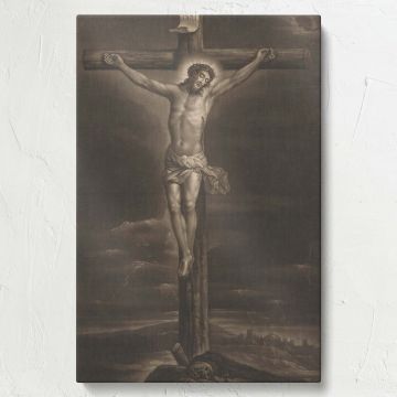 High-quality framed print of Christus aan het kruis, a finely detailed engraving of Jesus on the cross, blending history and faith, an ideal artwork for church walls, Catholic homes, or spiritual spaces that seek a meaningful and inspiring display.