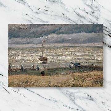 Beach at Scheveningen in Stormy Weather canvas artwork displayed on a marble background