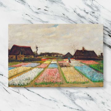 Flower Beds in Holland canvas artwork displayed on a marble background
