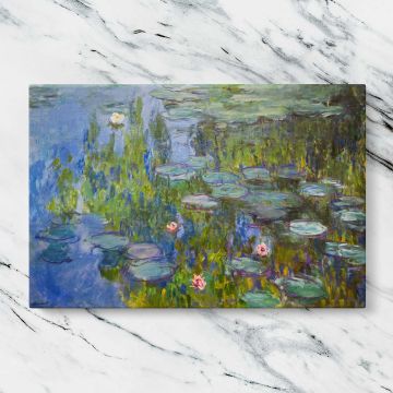 Water Lilies canvas artwork displayed on a marble background