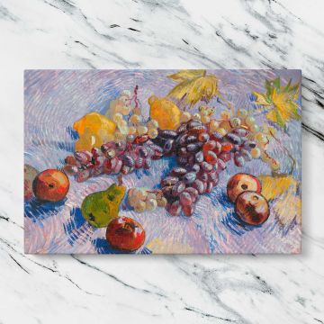 Grapes Lemons Pears and Apples canvas artwork displayed on a marble background