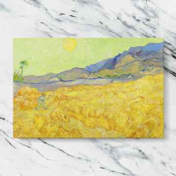 Wheatfield with a reaper canvas artwork displayed on a marble background