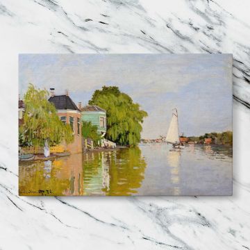 Houses on the Achterzaan canvas artwork displayed on a marble background