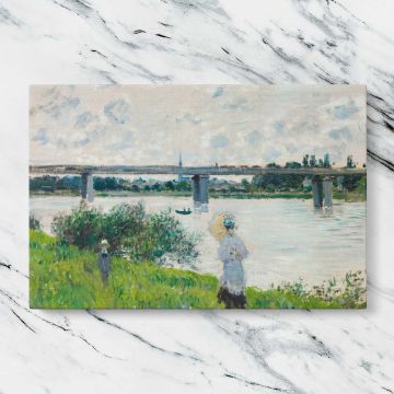 The Promenade with the Railroad Bridge Argenteuil canvas artwork displayed on a marble background