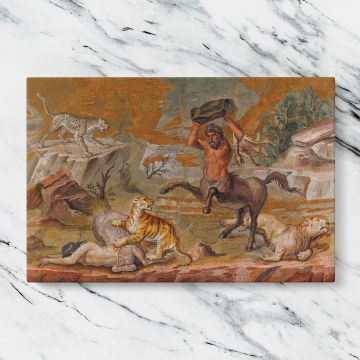 Ancient Centaur Mosaic canvas artwork displayed on a marble background