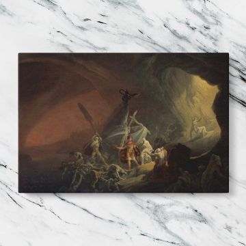 Aeneas and the Sibyl canvas artwork displayed on a marble background