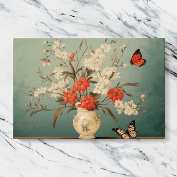 Butterflies and Flowers in a Cream Vase canvas artwork displayed on a marble background