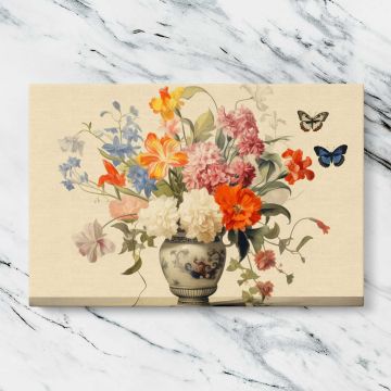 Butterflies and a Colourful Flower Bouquet canvas artwork displayed on a marble background