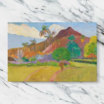 Tahitian Landscape canvas artwork displayed on a marble background