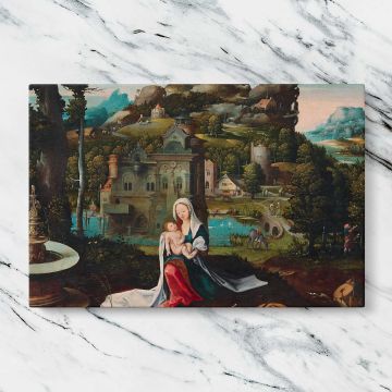 The Rest on the Flight into Egypt canvas artwork displayed on a marble background