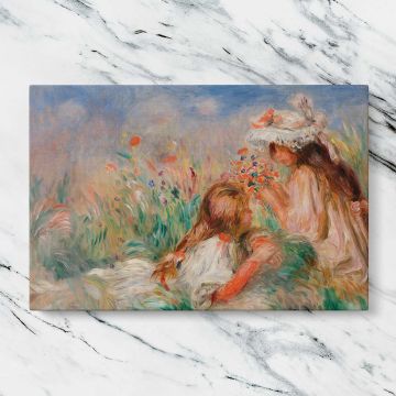 Girls in the Grass Arranging a Bouquet canvas artwork displayed on a marble background