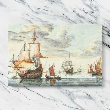 Ships on a calm sea canvas artwork displayed on a marble background