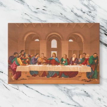 The Last Supper after Leonardo da Vinci canvas artwork displayed on a marble background